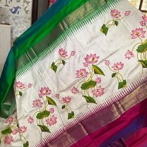 Floral Green and Pink Silk Saree